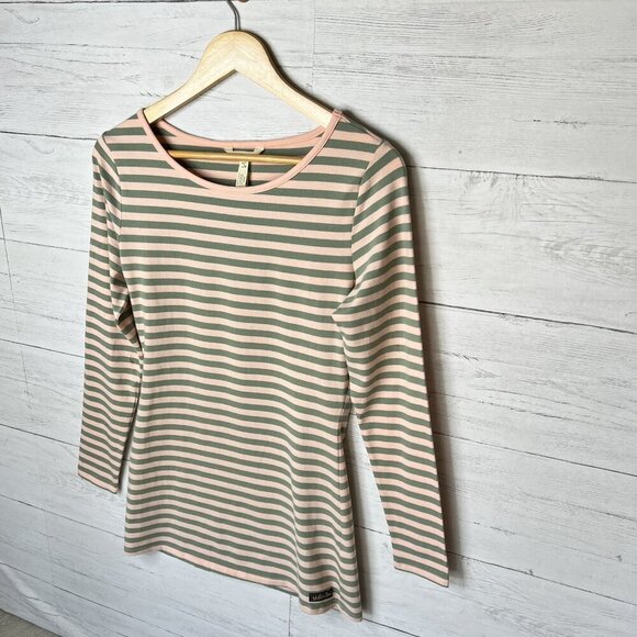 Matilda Jane Top Womens Size Small Pink & Olive Green Striped Blouse Stretch - Picture 5 of 16